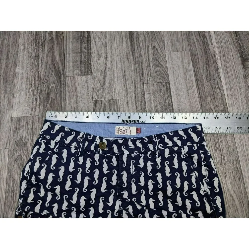(3/$27) SO Juniors Size 3 Pockets‎ Seahorse Pattern Navy Blue White Short Shorts